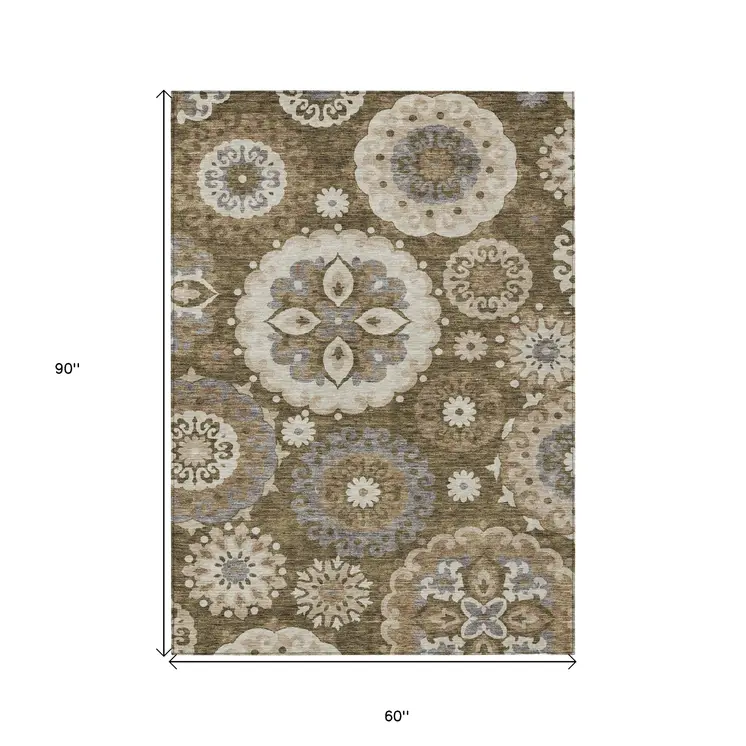 5' X 8' Brown Ivory And Beige Floral Medallion Washable Indoor Outdoor Area Rug