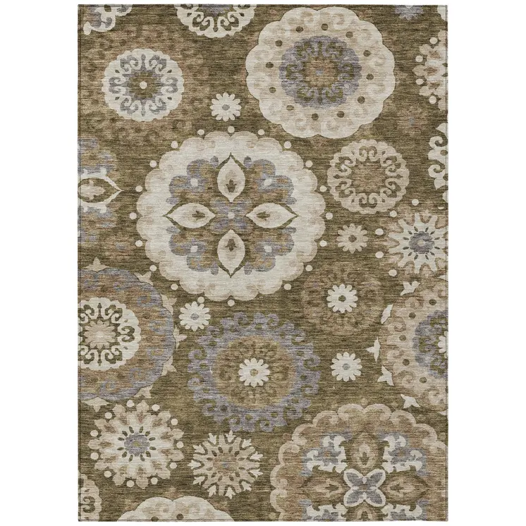 5' X 8' Brown Ivory And Beige Floral Medallion Washable Indoor Outdoor Area Rug
