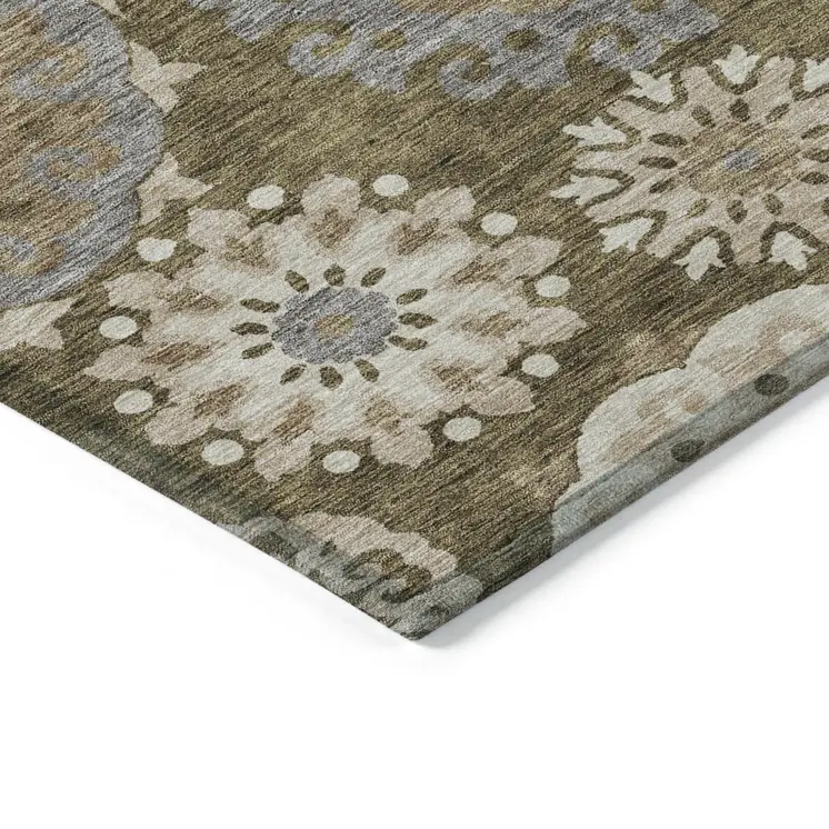 5' X 8' Brown Ivory And Beige Floral Medallion Washable Indoor Outdoor Area Rug
