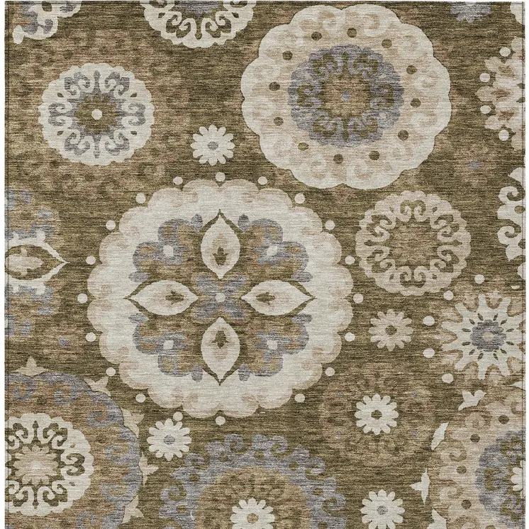 5' X 8' Brown Ivory And Beige Floral Medallion Washable Indoor Outdoor Area Rug