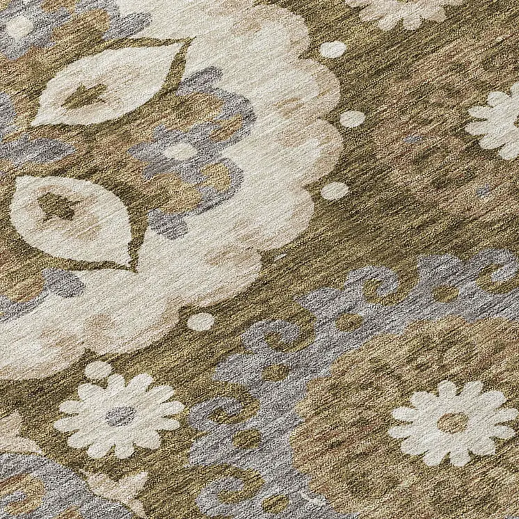 5' X 8' Brown Ivory And Beige Floral Medallion Washable Indoor Outdoor Area Rug
