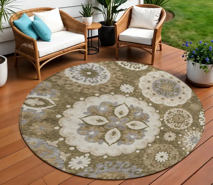 8' Brown Ivory And Beige Round Floral Medallion Washable Indoor Outdoor Area Rug
