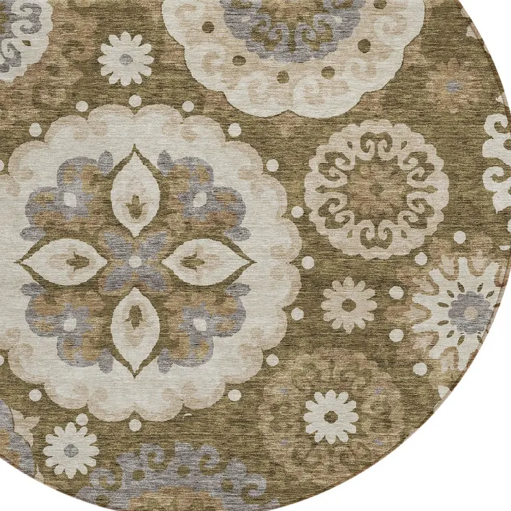 8' Brown Ivory And Beige Round Floral Medallion Washable Indoor Outdoor Area Rug