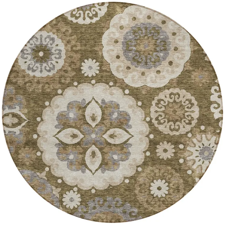 8' Brown Ivory And Beige Round Floral Medallion Washable Indoor Outdoor Area Rug