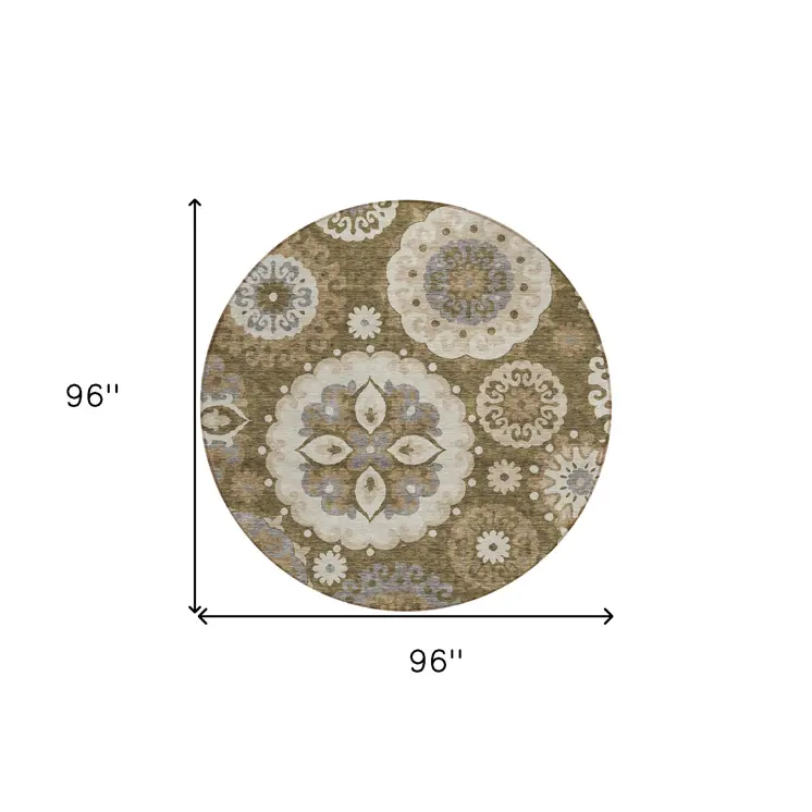 8' Brown Ivory And Beige Round Floral Medallion Washable Indoor Outdoor Area Rug