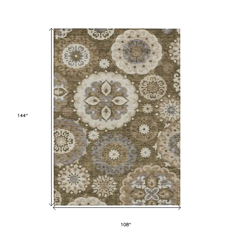 9' X 12' Brown Ivory And Beige Floral Medallion Washable Indoor Outdoor Area Rug