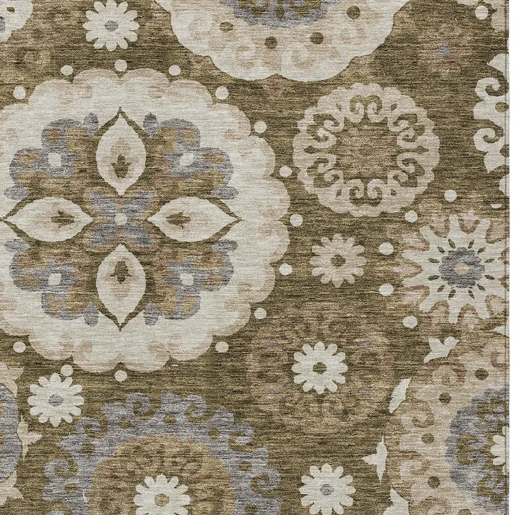 9' X 12' Brown Ivory And Beige Floral Medallion Washable Indoor Outdoor Area Rug