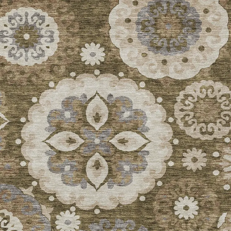 10' X 14' Brown Ivory And Beige Floral Medallion Washable Indoor Outdoor Area Rug