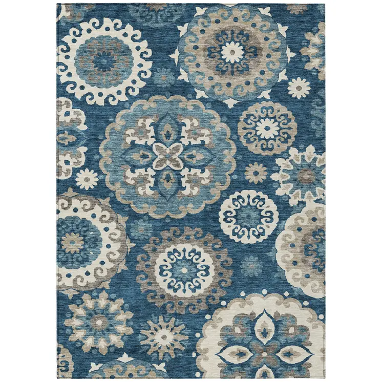 3' X 5' Navy Blue And Taupe Floral Medallion Washable Indoor Outdoor Area Rug