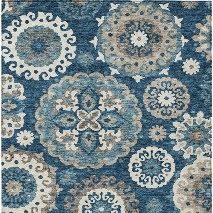 3' X 5' Navy Blue And Taupe Floral Medallion Washable Indoor Outdoor Area Rug