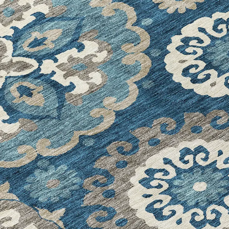 3' X 5' Navy Blue And Taupe Floral Medallion Washable Indoor Outdoor Area Rug