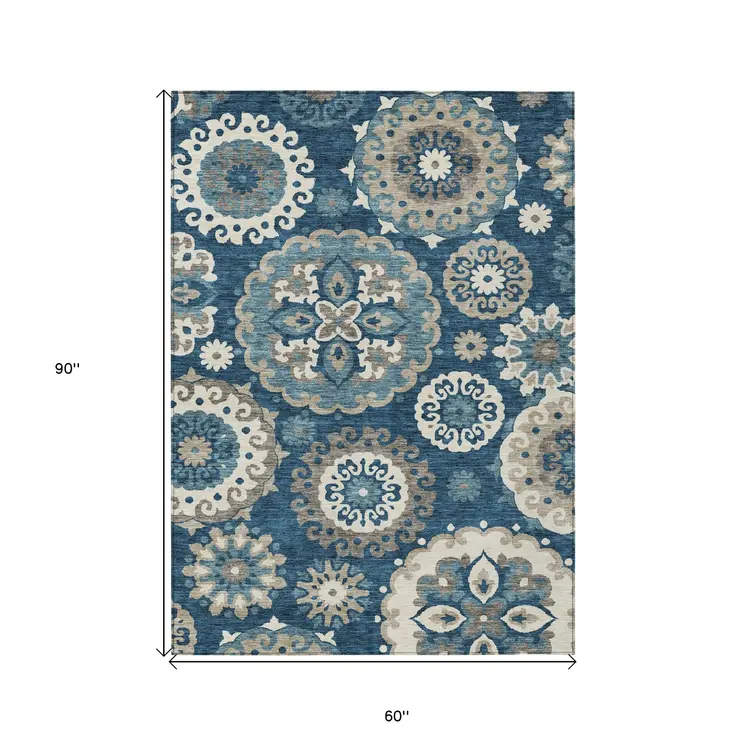 5' X 8' Navy Blue And Taupe Floral Medallion Washable Indoor Outdoor Area Rug