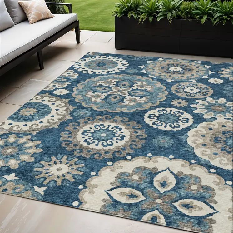 5' X 8' Navy Blue And Taupe Floral Medallion Washable Indoor Outdoor Area Rug