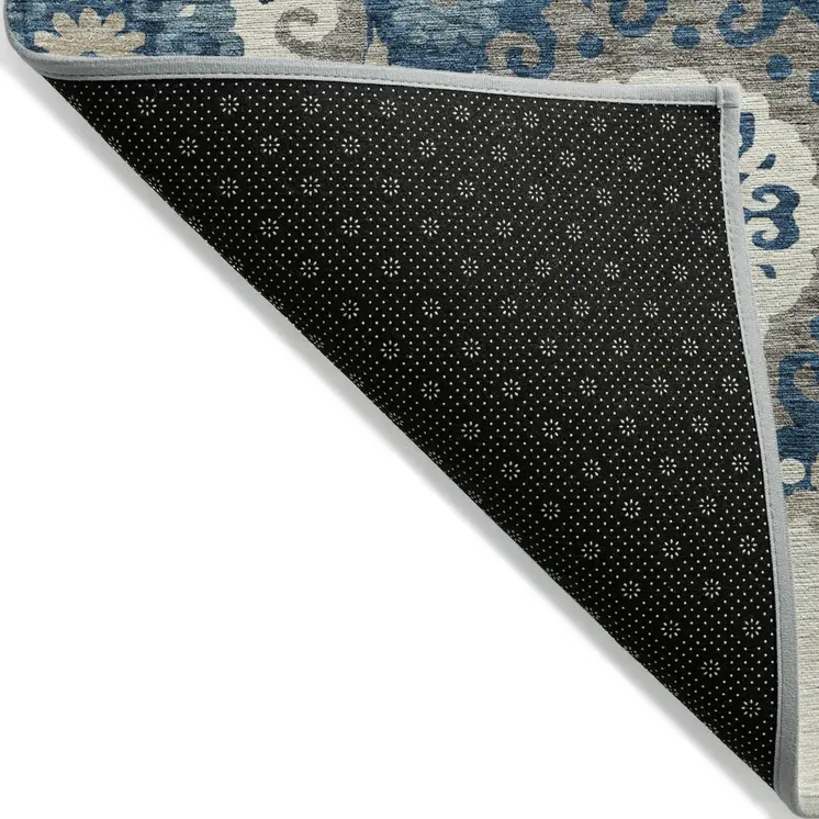 5' X 8' Navy Blue And Taupe Floral Medallion Washable Indoor Outdoor Area Rug