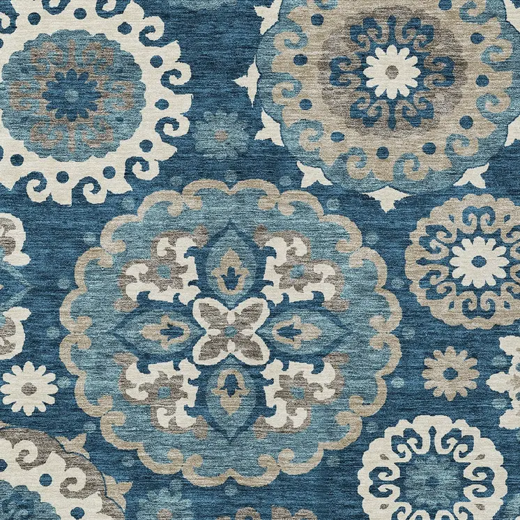 5' X 8' Navy Blue And Taupe Floral Medallion Washable Indoor Outdoor Area Rug