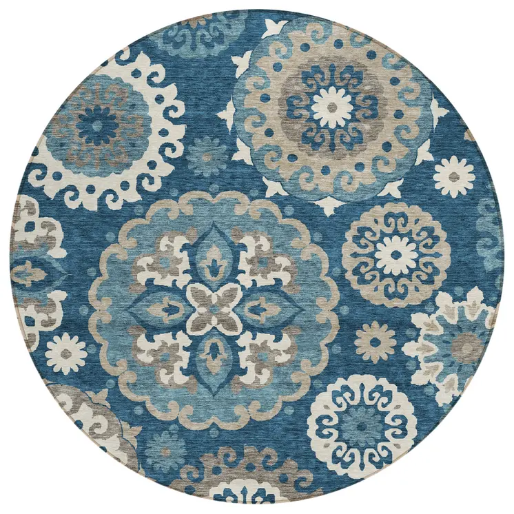 8' Navy Blue And Taupe Round Floral Medallion Washable Indoor Outdoor Area Rug