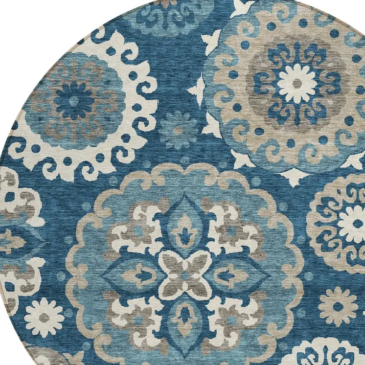 8' Navy Blue And Taupe Round Floral Medallion Washable Indoor Outdoor Area Rug