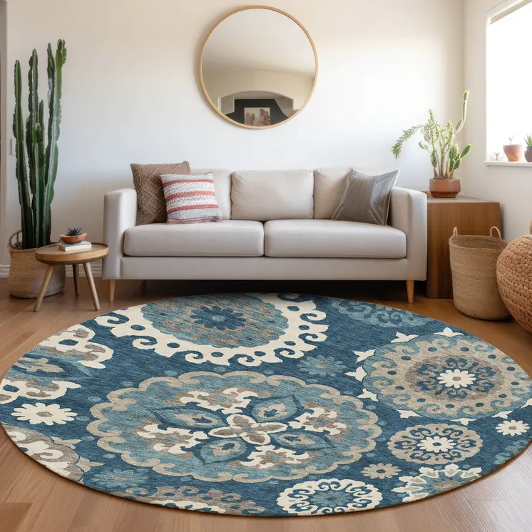 8' Navy Blue And Taupe Round Floral Medallion Washable Indoor Outdoor Area Rug