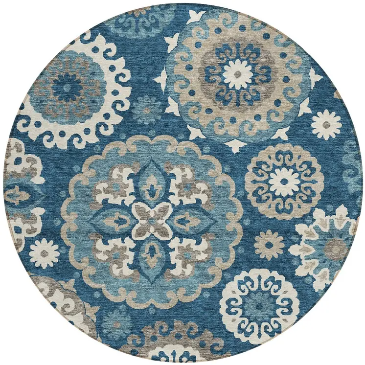 8' Navy Blue And Taupe Round Floral Medallion Washable Indoor Outdoor Area Rug