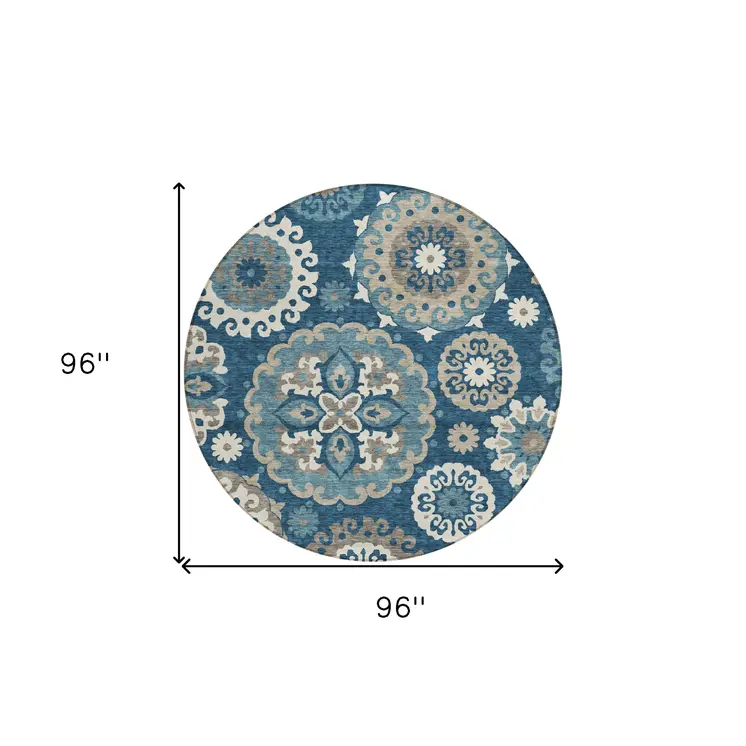 8' Navy Blue And Taupe Round Floral Medallion Washable Indoor Outdoor Area Rug