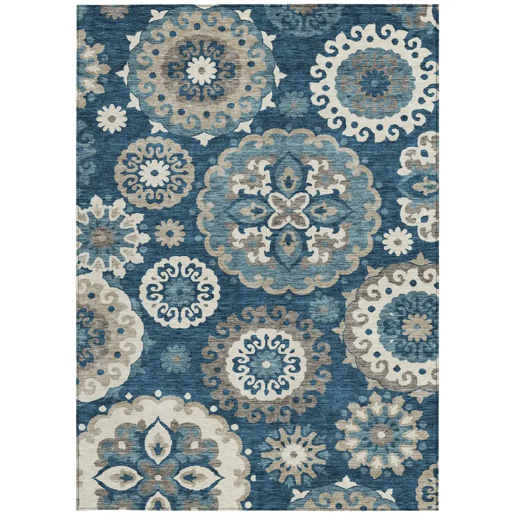 9' X 12' Navy Blue And Taupe Floral Medallion Washable Indoor Outdoor Area Rug