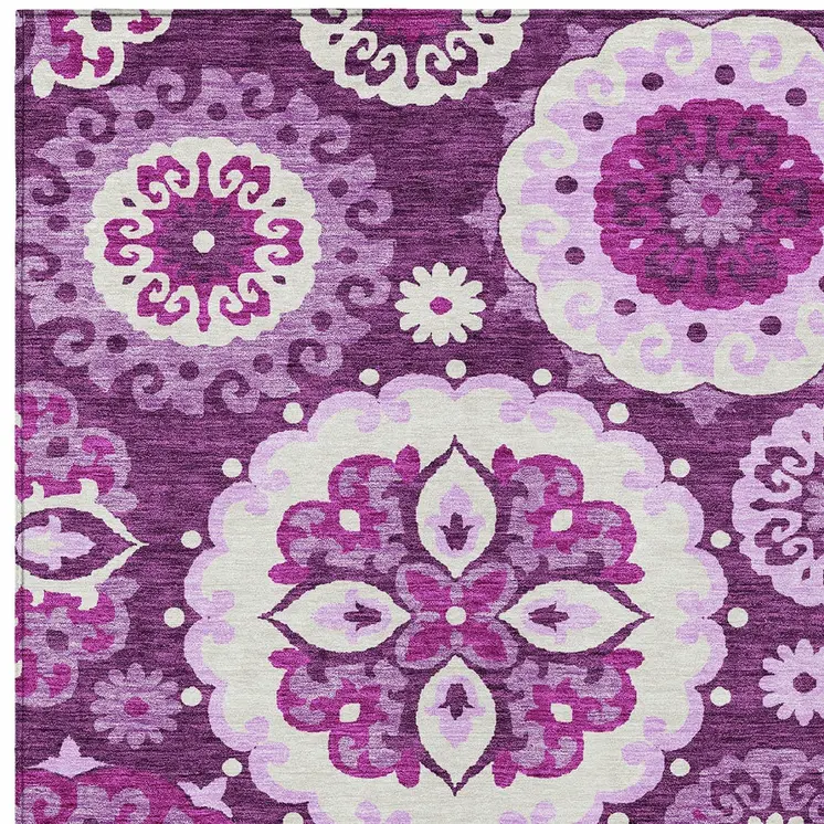 3' X 5' Eggplant And Mauve Floral Medallion Washable Indoor Outdoor Area Rug