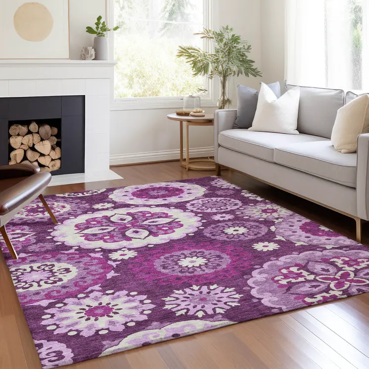 3' X 5' Eggplant And Mauve Floral Medallion Washable Indoor Outdoor Area Rug