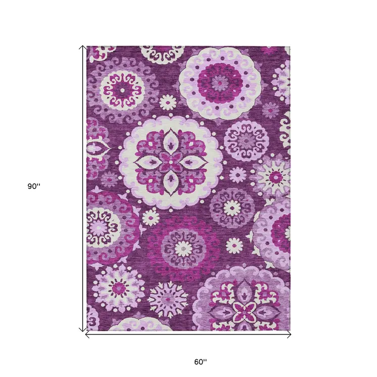 5' X 8' Eggplant And Mauve Floral Medallion Washable Indoor Outdoor Area Rug