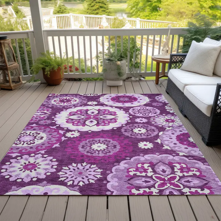 5' X 8' Eggplant And Mauve Floral Medallion Washable Indoor Outdoor Area Rug