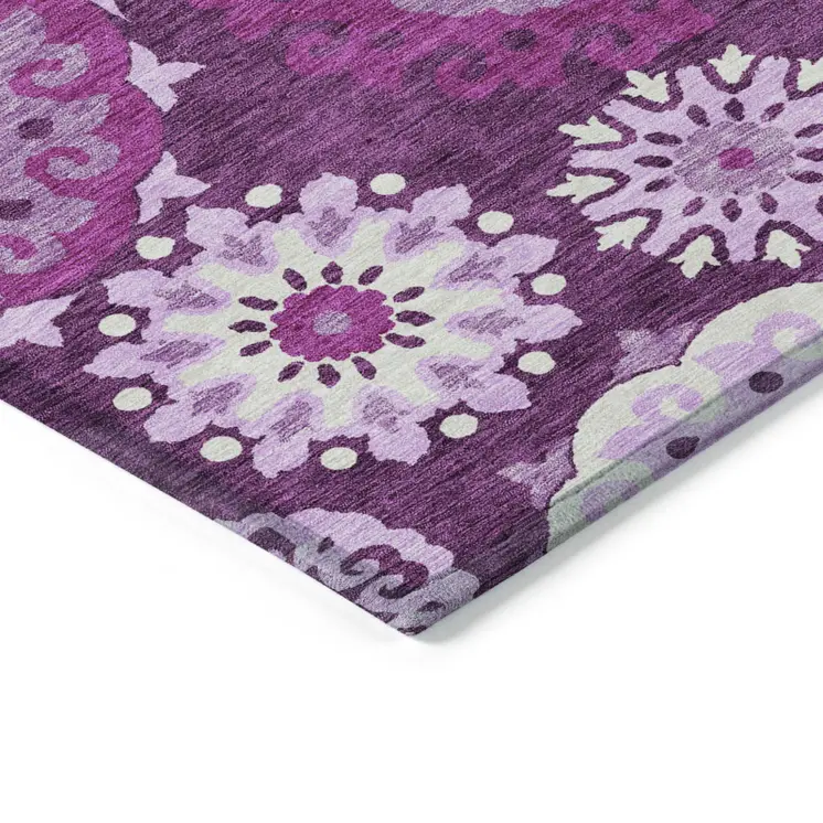 5' X 8' Eggplant And Mauve Floral Medallion Washable Indoor Outdoor Area Rug