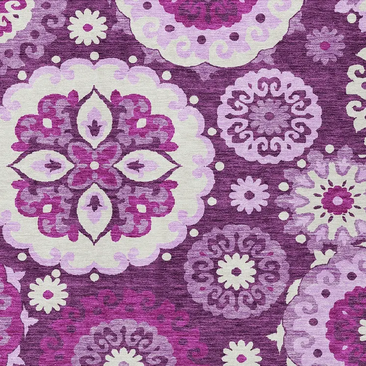 5' X 8' Eggplant And Mauve Floral Medallion Washable Indoor Outdoor Area Rug