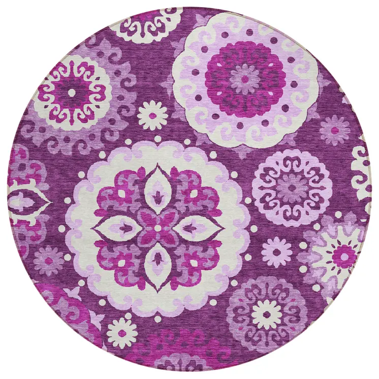 8' Eggplant And Mauve Round Floral Medallion Washable Indoor Outdoor Area Rug
