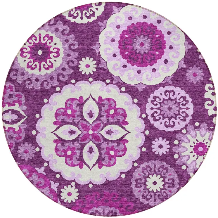 8' Eggplant And Mauve Round Floral Medallion Washable Indoor Outdoor Area Rug
