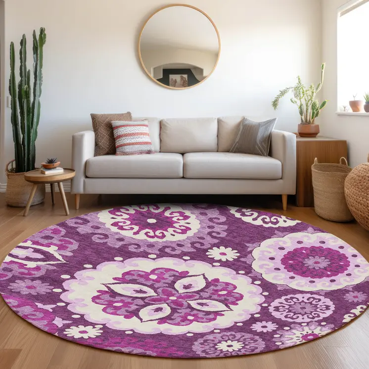 8' Eggplant And Mauve Round Floral Medallion Washable Indoor Outdoor Area Rug