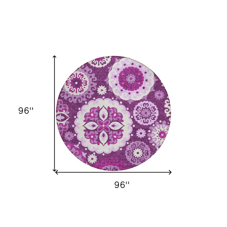 8' Eggplant And Mauve Round Floral Medallion Washable Indoor Outdoor Area Rug