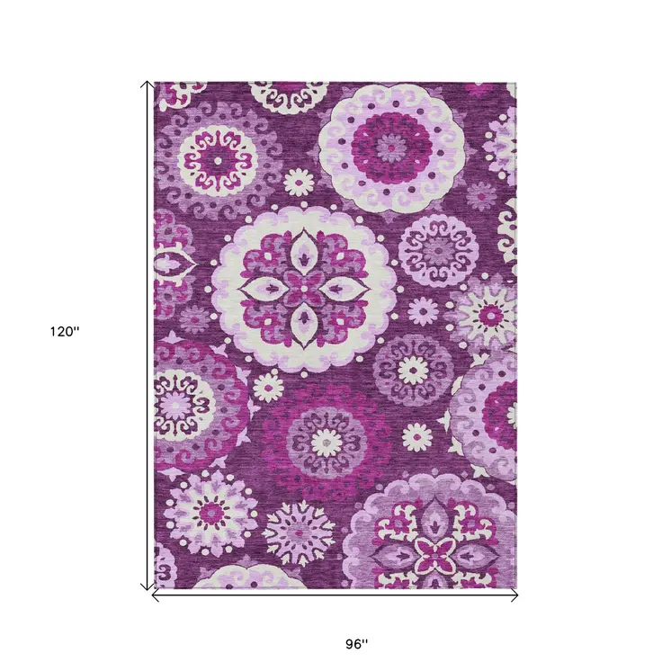 8' X 10' Eggplant And Mauve Floral Medallion Washable Indoor Outdoor Area Rug