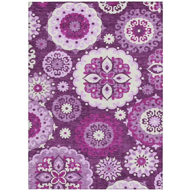 9' X 12' Eggplant And Mauve Floral Medallion Washable Indoor Outdoor Area Rug