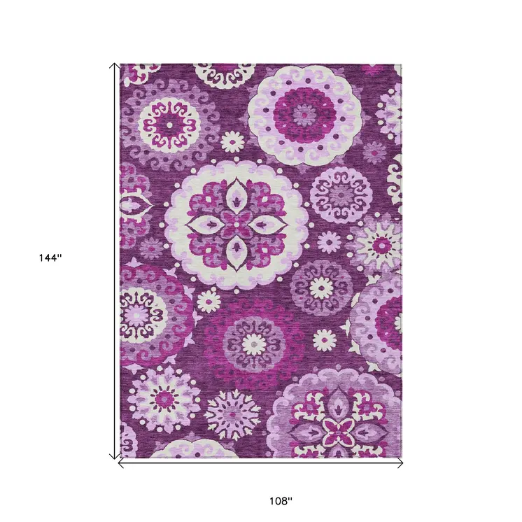 9' X 12' Eggplant And Mauve Floral Medallion Washable Indoor Outdoor Area Rug