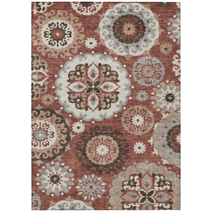 3' X 5' Orange Taupe And Gray Floral Medallion Washable Indoor Outdoor Area Rug