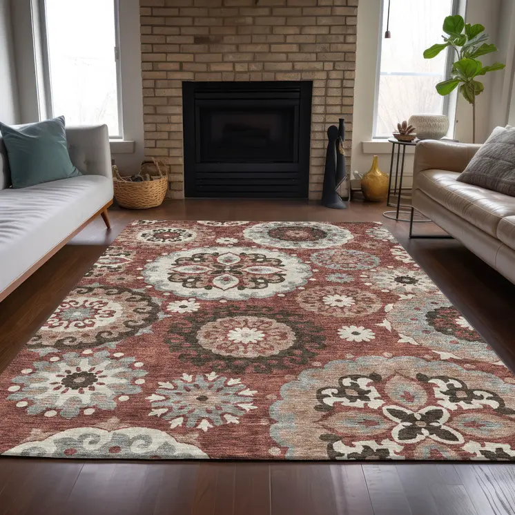 3' X 5' Orange Taupe And Gray Floral Medallion Washable Indoor Outdoor Area Rug