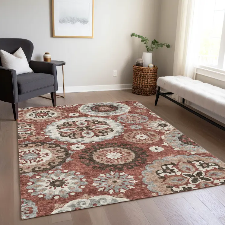 3' X 5' Orange Taupe And Gray Floral Medallion Washable Indoor Outdoor Area Rug