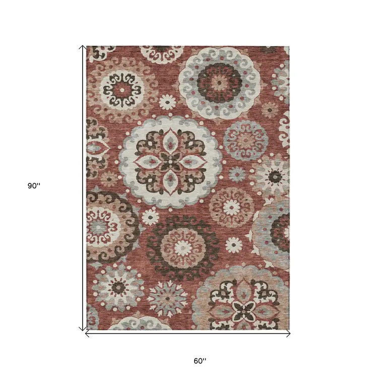 5' X 8' Orange Taupe And Gray Floral Medallion Washable Indoor Outdoor Area Rug