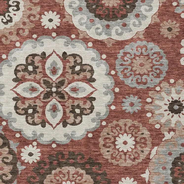 5' X 8' Orange Taupe And Gray Floral Medallion Washable Indoor Outdoor Area Rug
