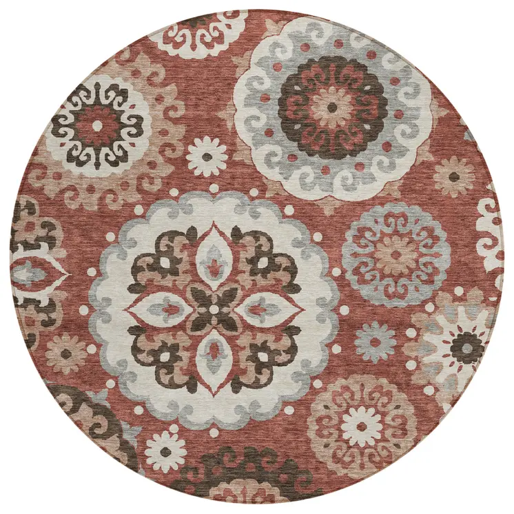 8' Orange Taupe And Gray Round Floral Medallion Washable Indoor Outdoor Area Rug
