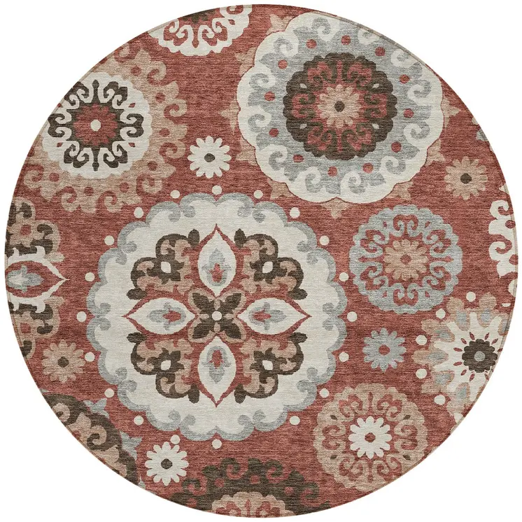 8' Orange Taupe And Gray Round Floral Medallion Washable Indoor Outdoor Area Rug