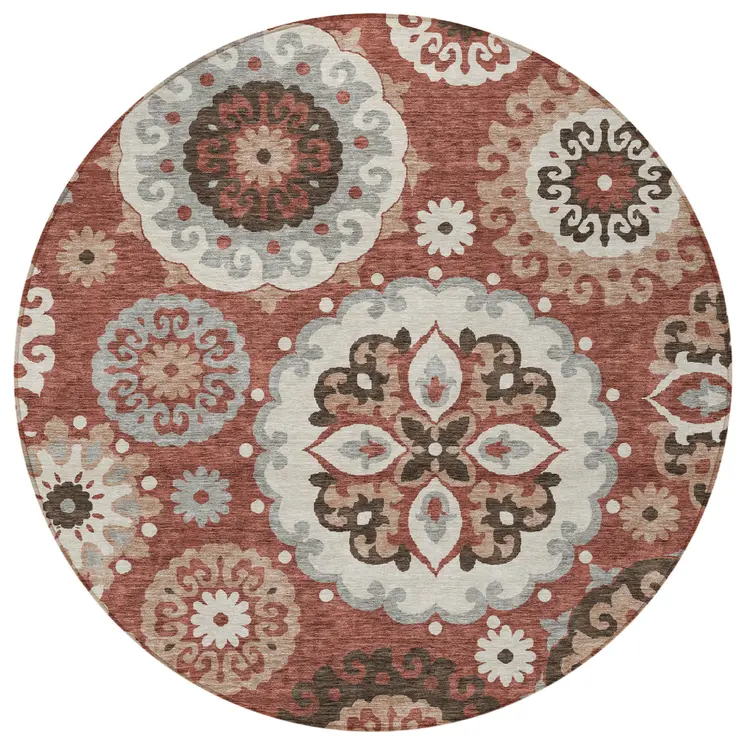 8' Orange Taupe And Gray Round Floral Medallion Washable Indoor Outdoor Area Rug