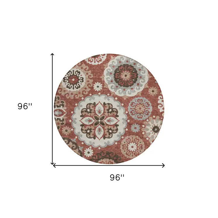 8' Orange Taupe And Gray Round Floral Medallion Washable Indoor Outdoor Area Rug