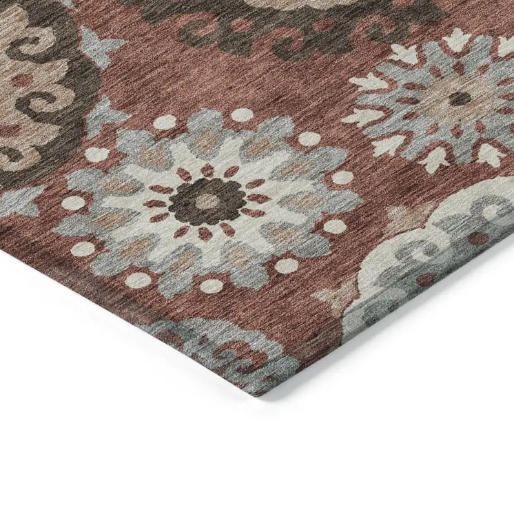 8' X 10' Orange Taupe And Gray Floral Medallion Washable Indoor Outdoor Area Rug
