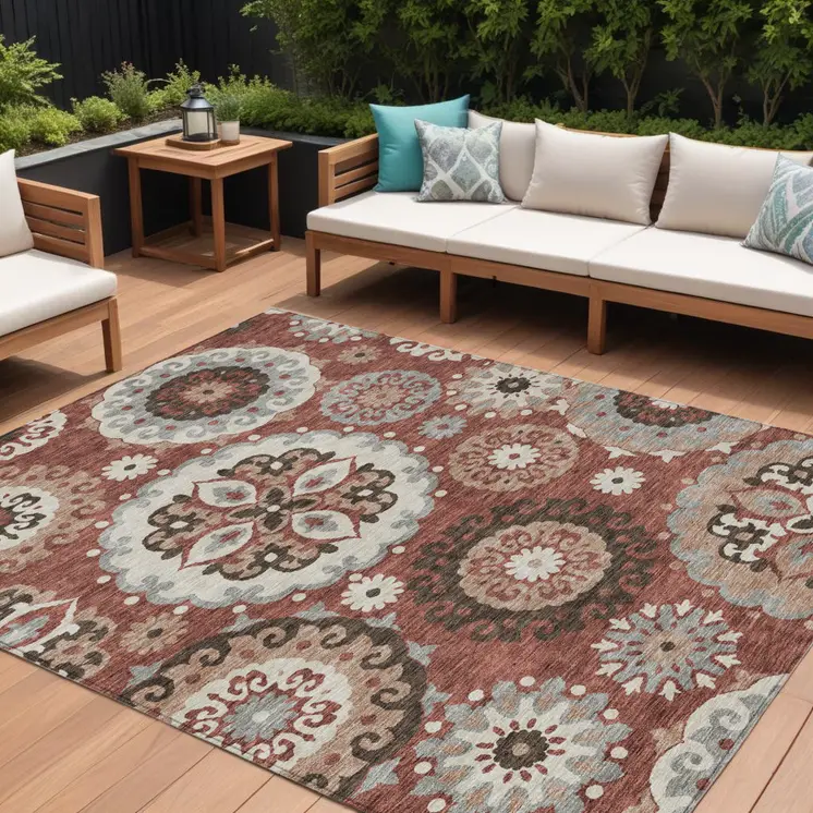9' X 12' Orange Taupe And Gray Floral Medallion Washable Indoor Outdoor Area Rug