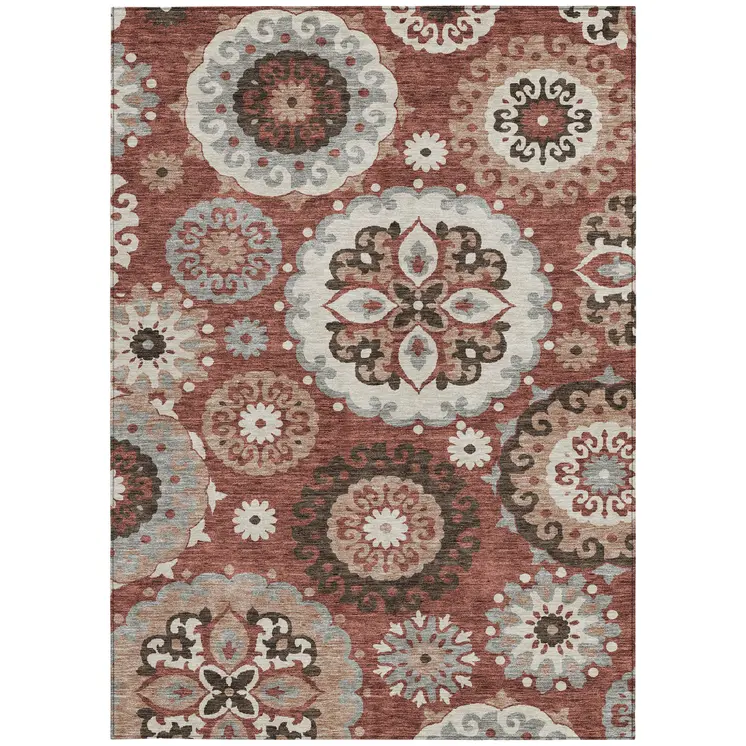 9' X 12' Orange Taupe And Gray Floral Medallion Washable Indoor Outdoor Area Rug